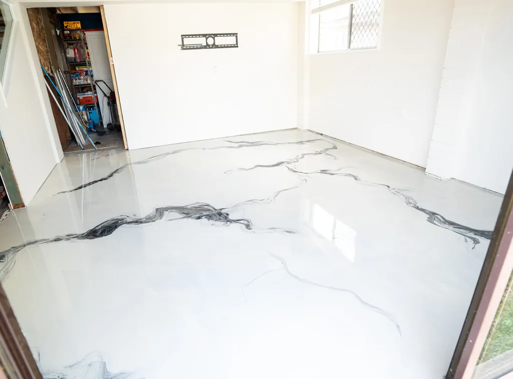White and silver metallic garage floor